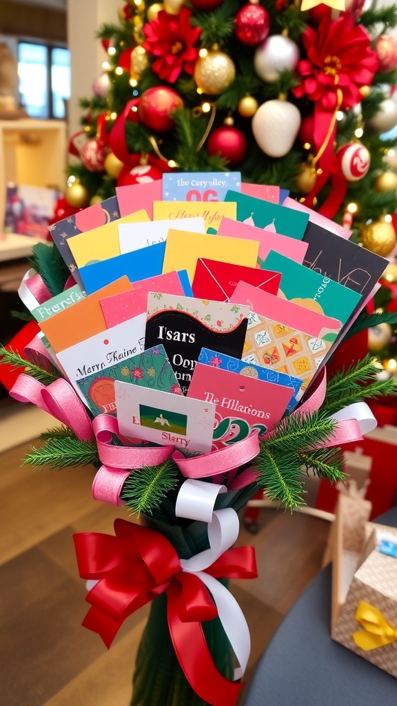 A creative bouquet of gift cards with vibrant colors and ribbons, perfect for Christmas gifting.